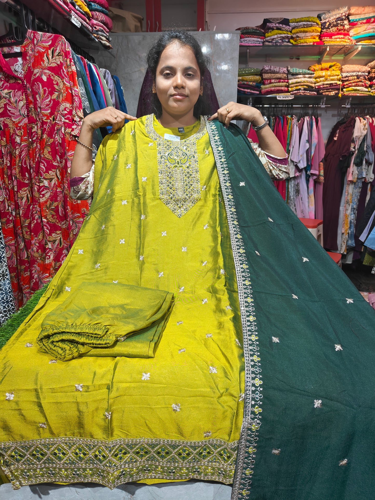 Graceful Silk Partywear Salwar Set with Shawl – Plus Size 3XL to 5XL – GSS949 – ₹949