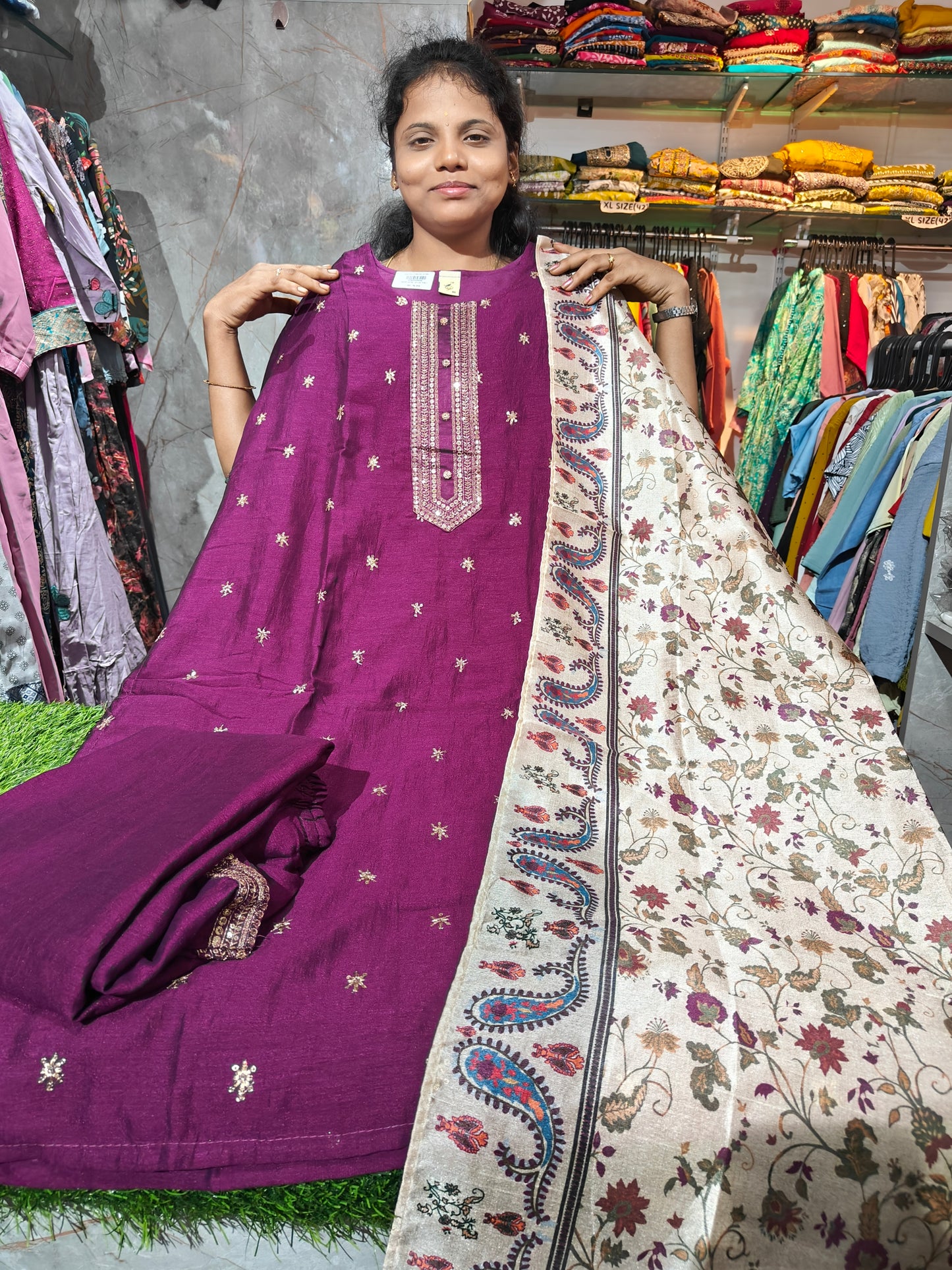 Fancy Silk Salwar Set with Lining – Plus Size 4XL to 6XL – Digital Print Shawl & Bottom – PSFS7 – ₹749