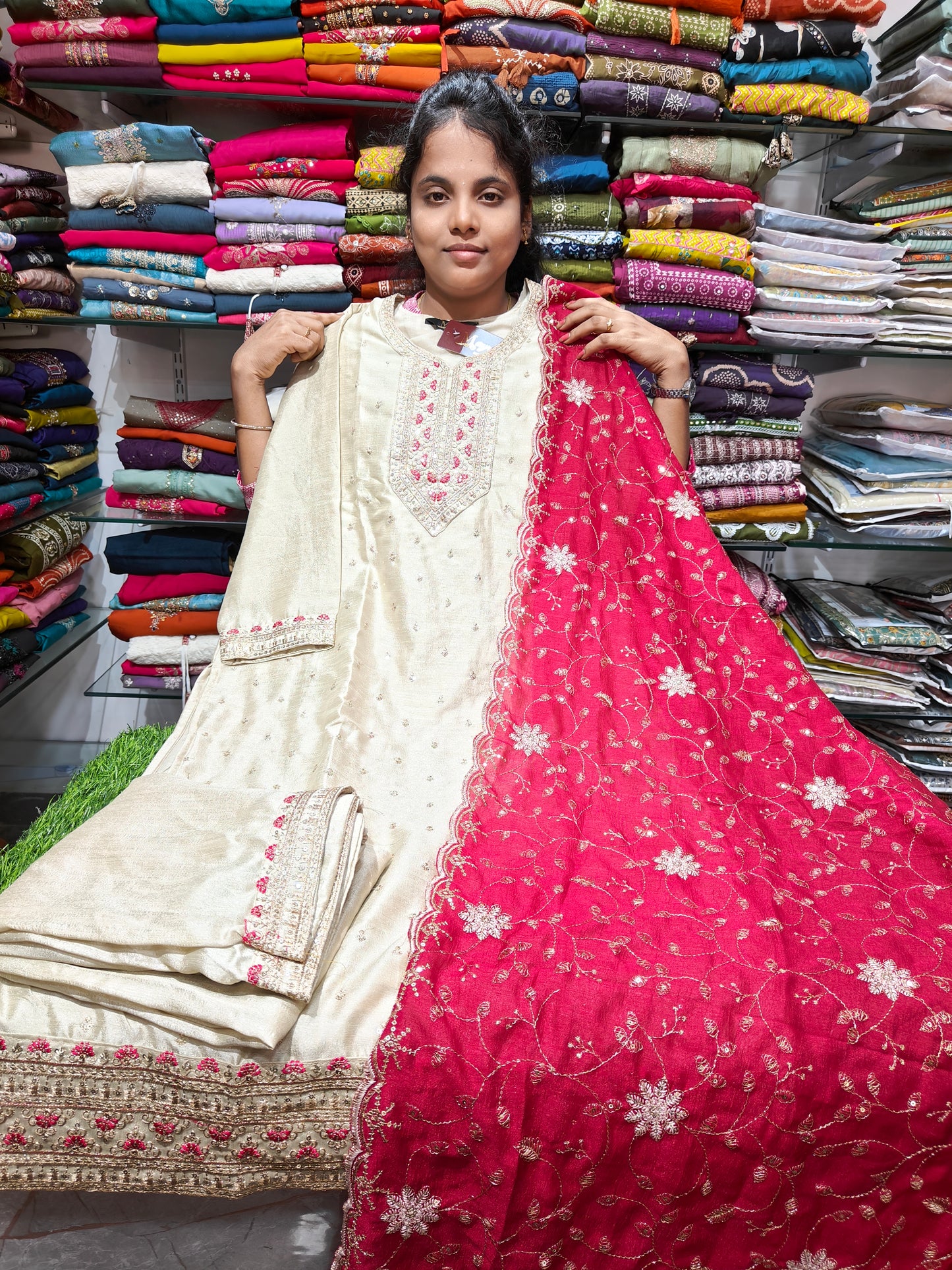 Vichitra Silk Grand Party Wear Salwar Set with Contrast Shawl PSFS31 | Keerthi Fashion Store