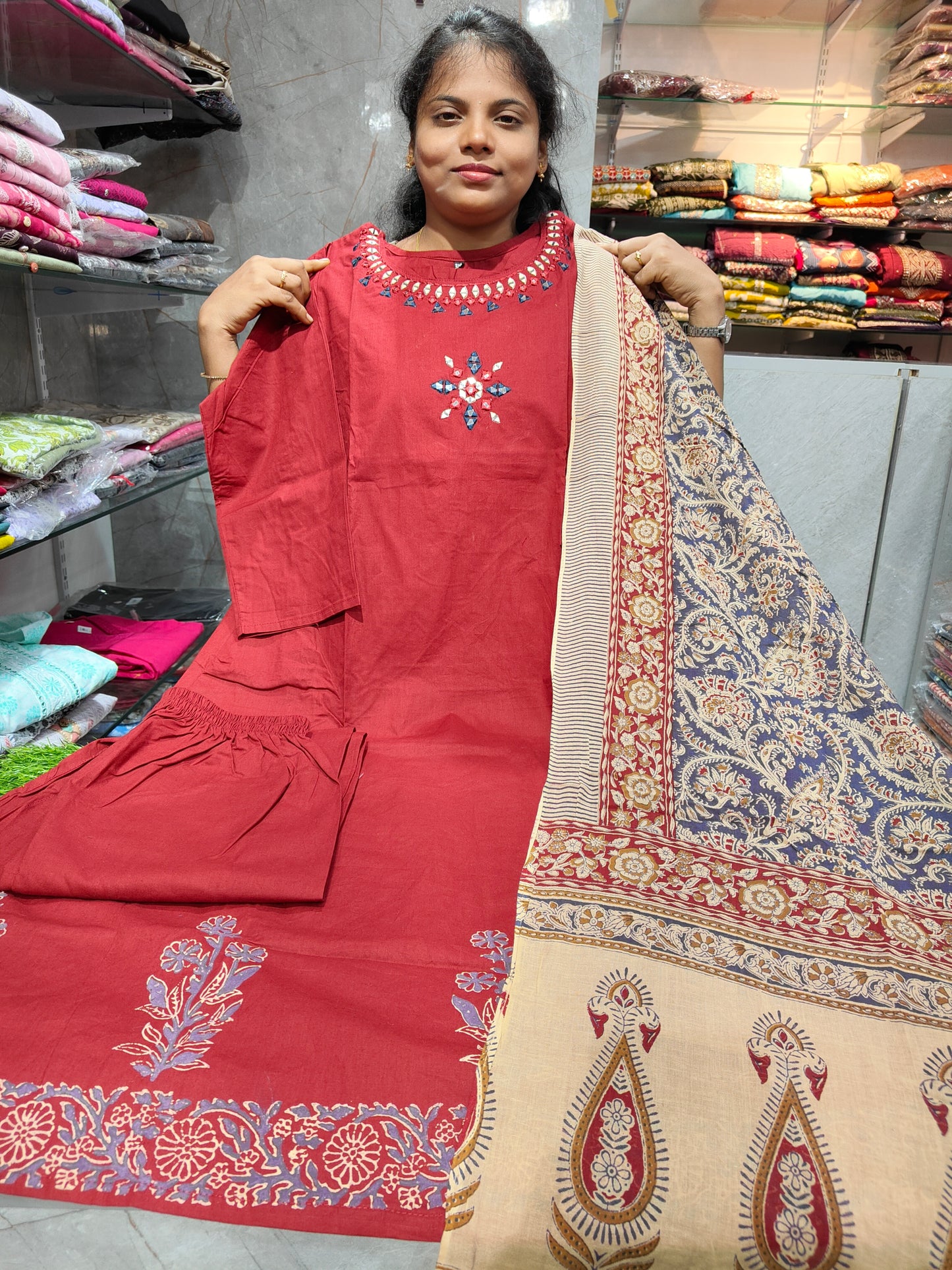 Plus Size Premium Pure Cotton Straight Cut Salwar Set with Palazzo Pant & Kalamkari Dupatta (3XLโ6XL) โ PSCS88 | โน1299