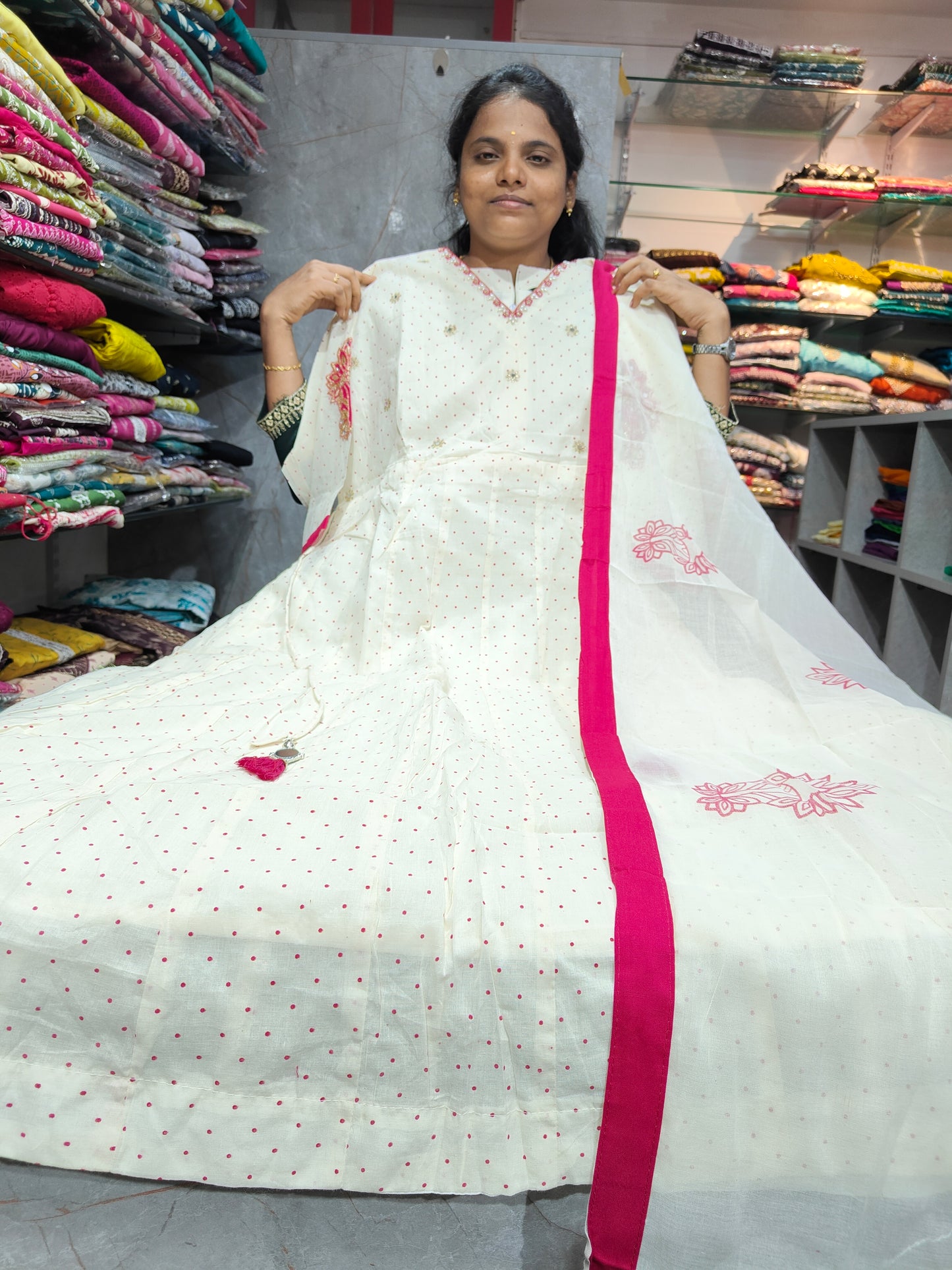 V Neck Trendy Long Anarkali Kurti with Shawl & Lining Top – Plus Size Ethnic Wear PSTS88