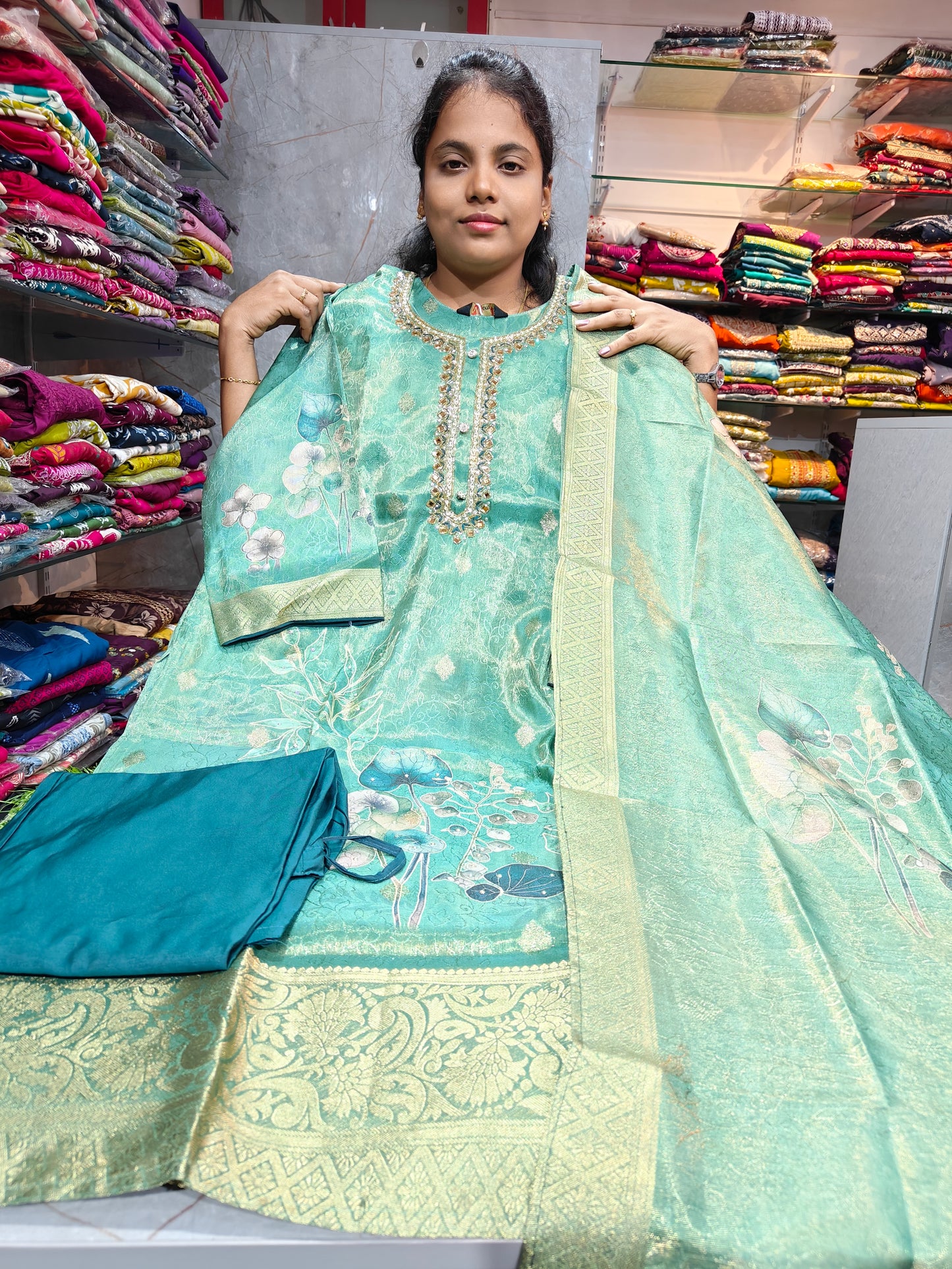 Grand Tissue Shimmer Silk Mirror Work Partywear Salwar Set with Lining for Women | Plus Size 3XL to 5XL | PSFS78