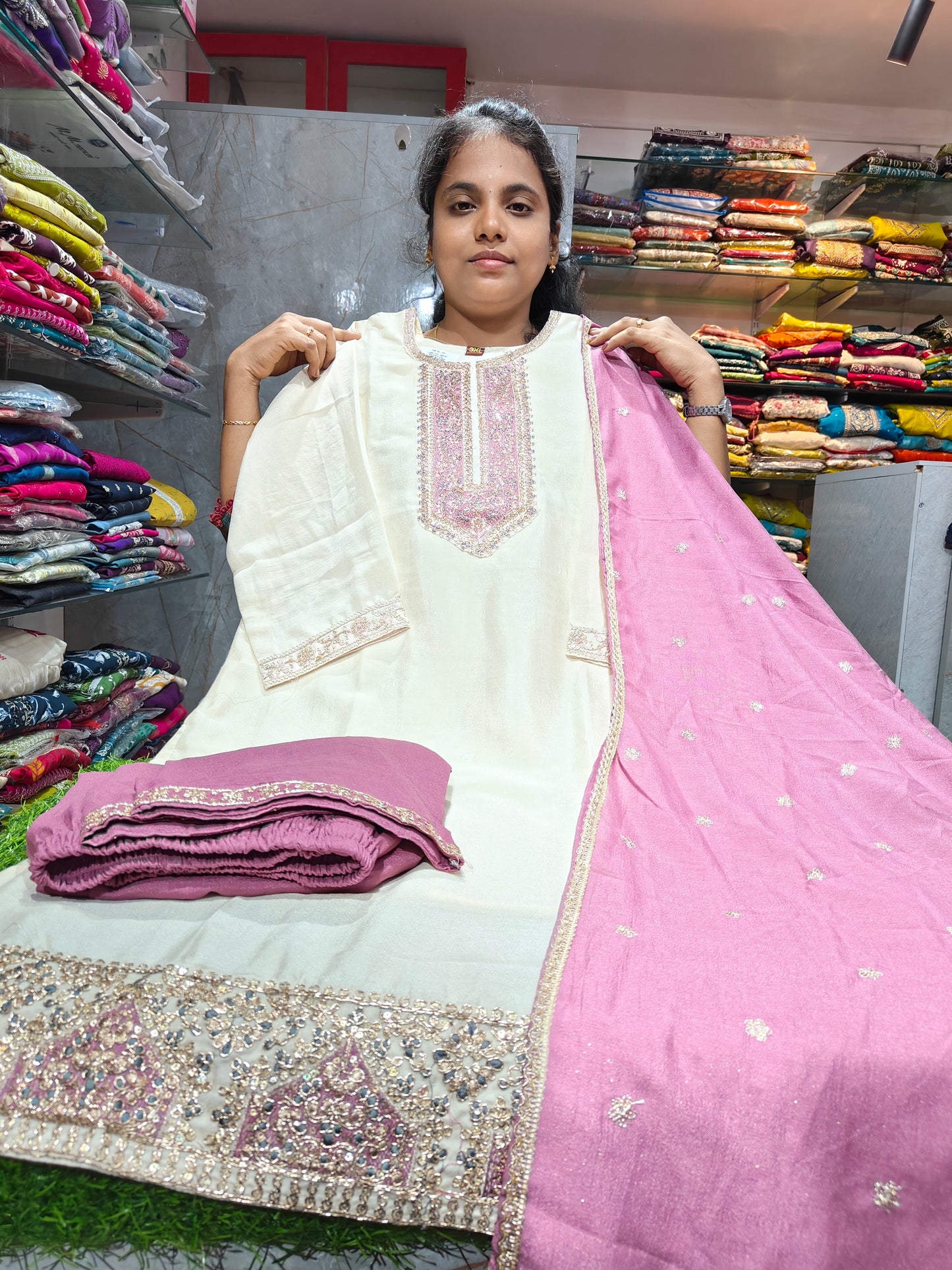 Grand Side Open Silk Partywear Salwar Set 3XL to 5XL with Contrast Pant & Shawl | PSFS89 ₹899