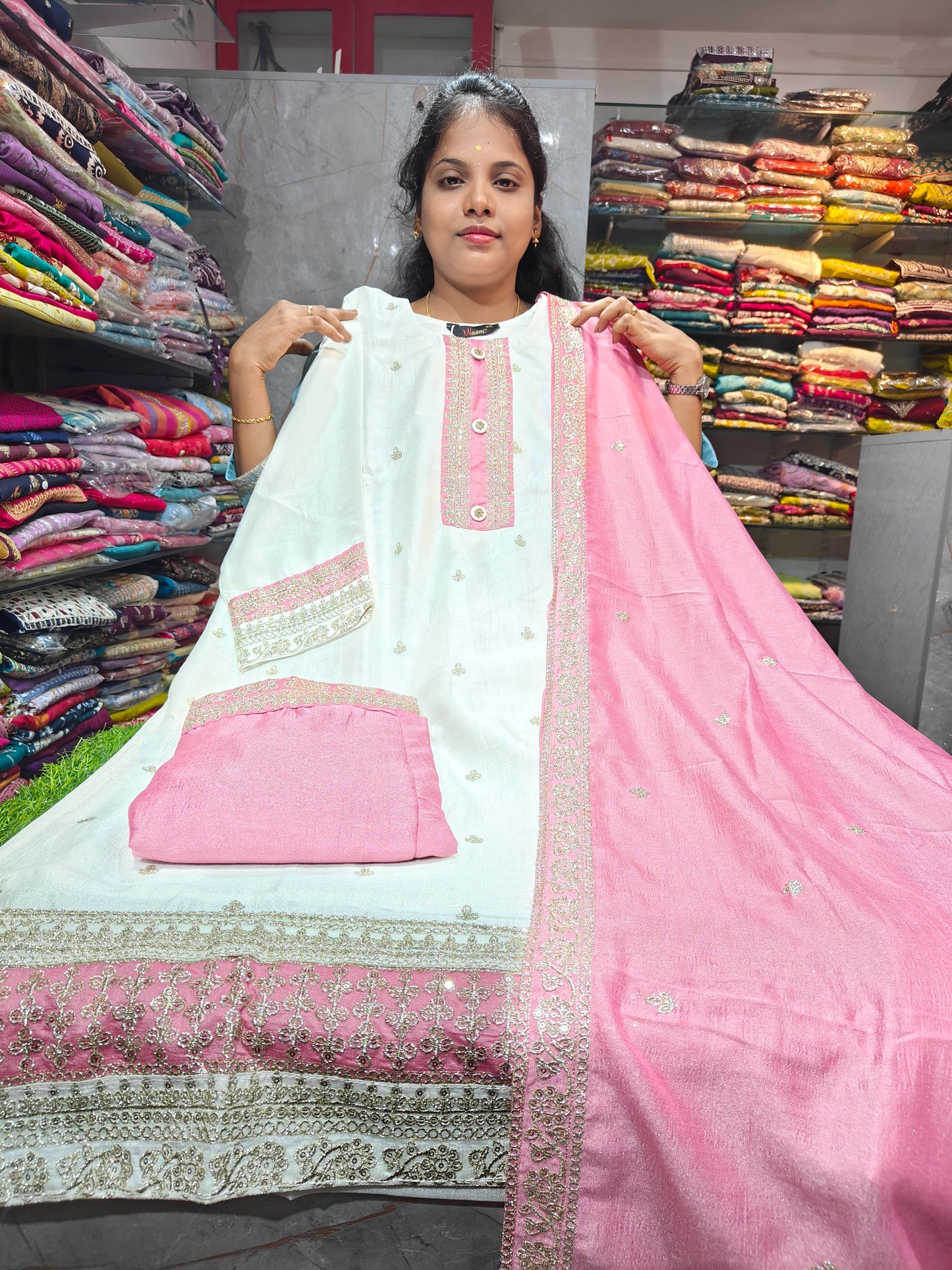PSFS26 Straight Cut Party Wear Salwar Set with Contrast Color Pant & Shawl | With Lining | Women's Designer Ethnic Wear | ₹999