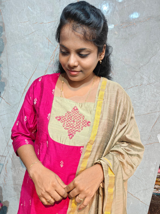Raw Silk Salwar Set with Kolam Embroidery | M to XXL | Keerthi Fashion Store