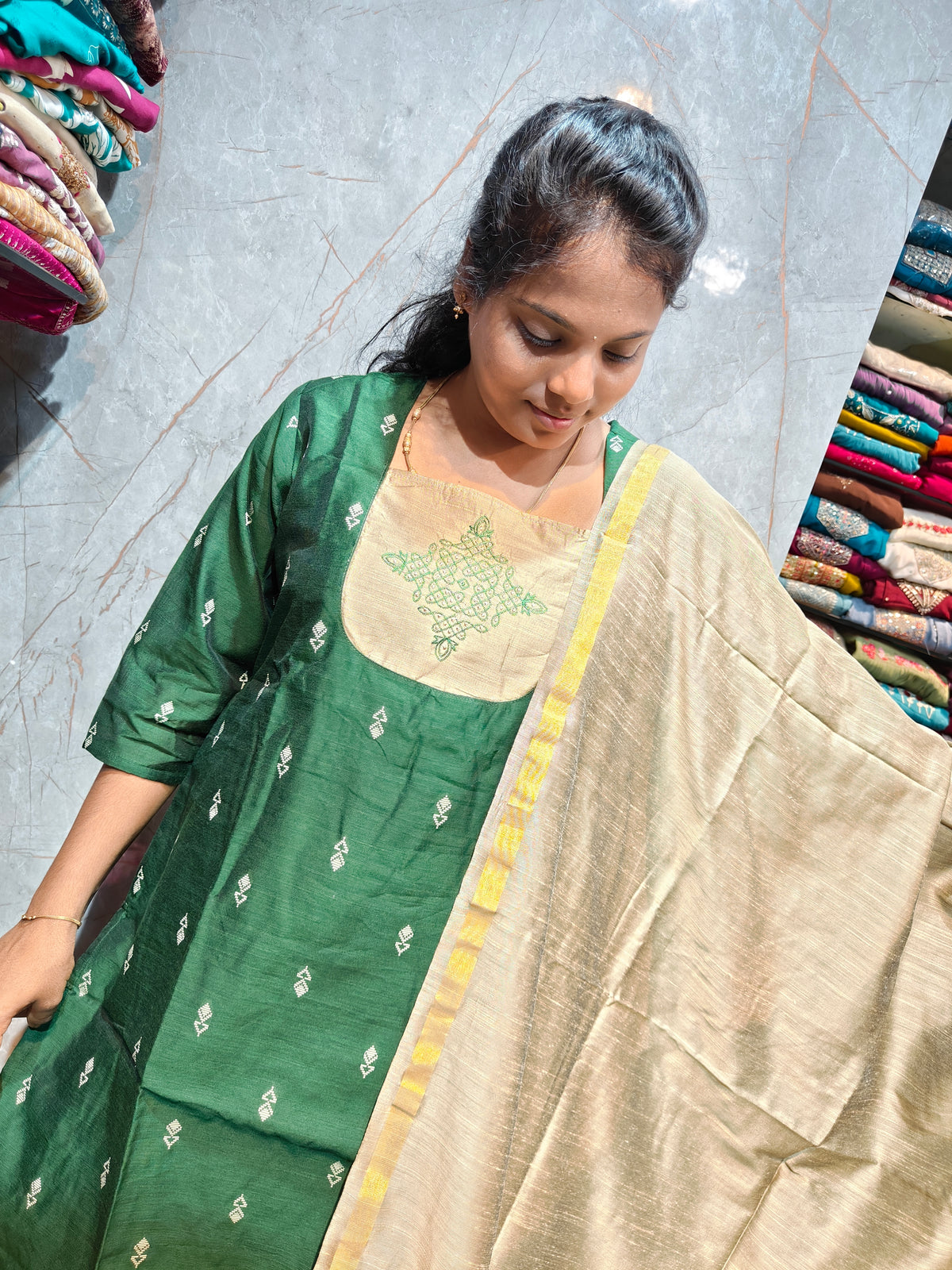 Raw Silk Salwar Set with Kolam Embroidery | M to XXL | Keerthi Fashion Store