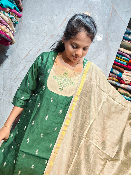 Raw Silk Salwar Set with Kolam Embroidery | M to XXL | Keerthi Fashion Store