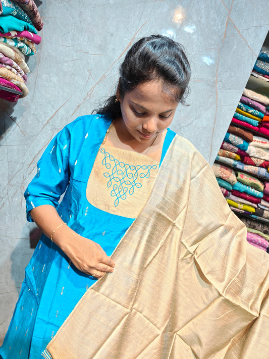 Raw Silk Salwar Set with Kolam Embroidery | M to XXL | Keerthi Fashion Store