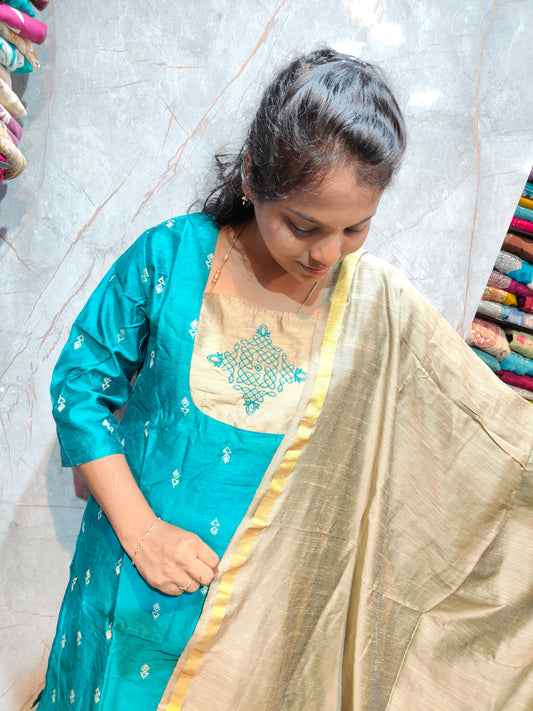 Raw Silk Salwar Set with Kolam Embroidery | M to XXL | Keerthi Fashion Store