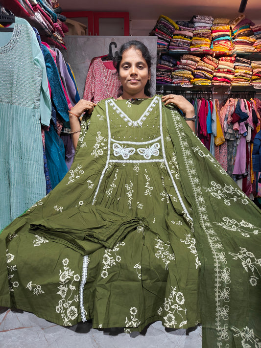 Cotton Anarkali Kurti Set with Butterfly Work – Elegant Ethnic Wear AS945