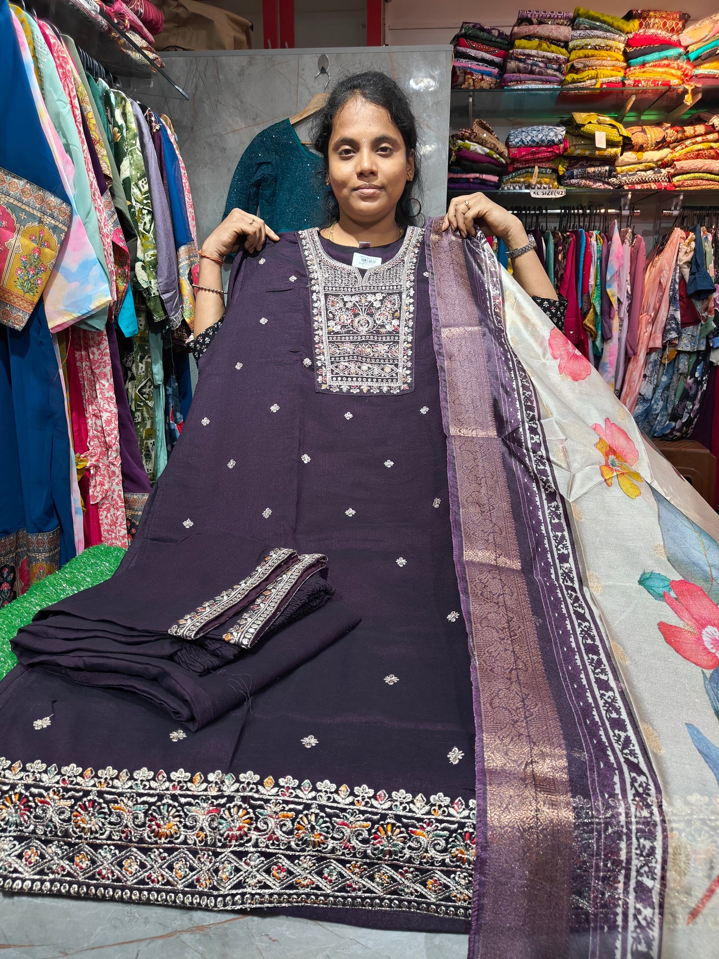 Silk Partywear Set with Digital Print Shawl | 4XL to 6XL – ₹799 | SAL799