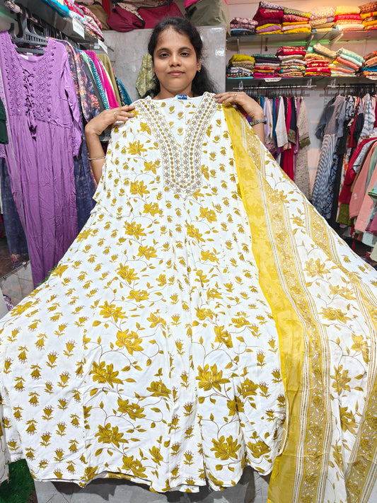 KTS649 Plus Size Anarkali Kurti with Shawl – Rayon Cotton Fabric – 4XL to 6XL
