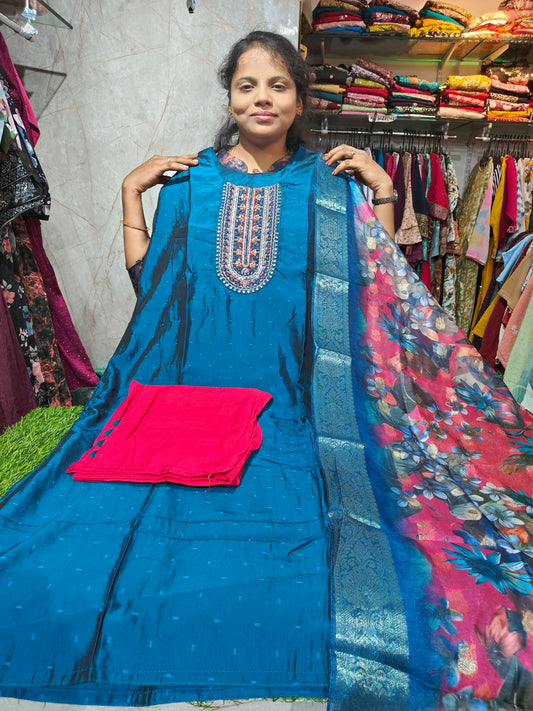 Festive Wear Pure Silk Salwar Set with Digital Print Shawl & Bottom – PSFS3 – Plus Size 3XL to 5XL