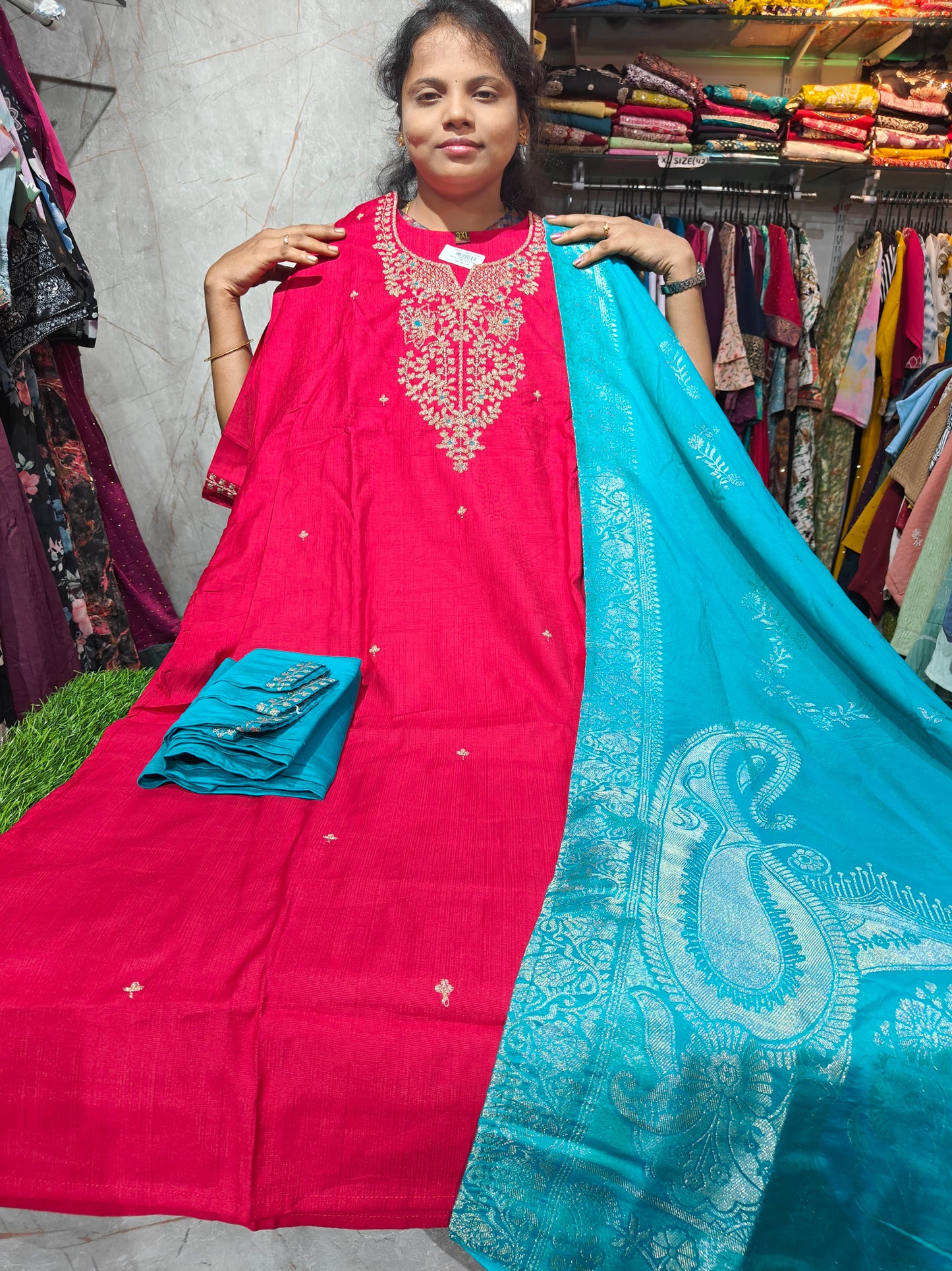 Partywear Silk Salwar Kurti Set with Shawl & Bottom – PSFS1 – Plus Size 3XL to 6XL