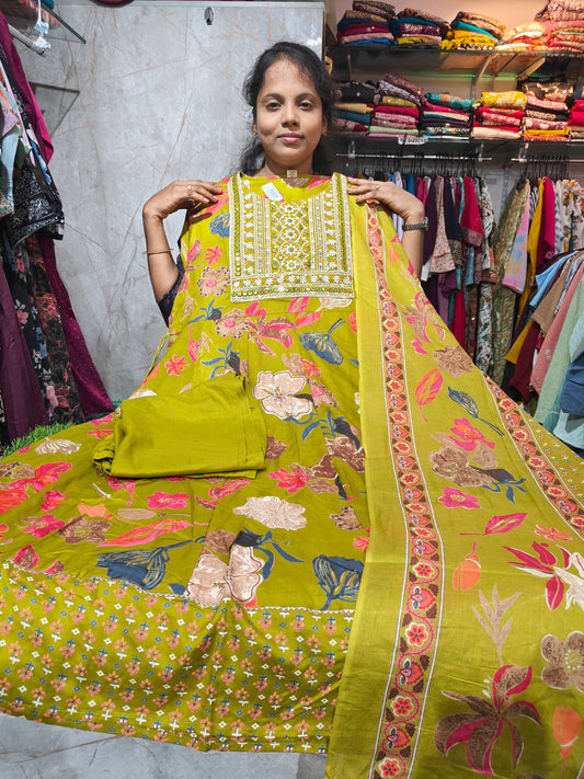 Rayon Cotton Anarkali Kurti Set with Bottom & Dupatta – PSCS2