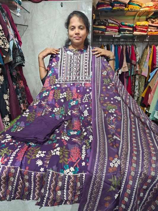 Rayon Cotton Anarkali Kurti Set with Bottom & Dupatta – PSCS2