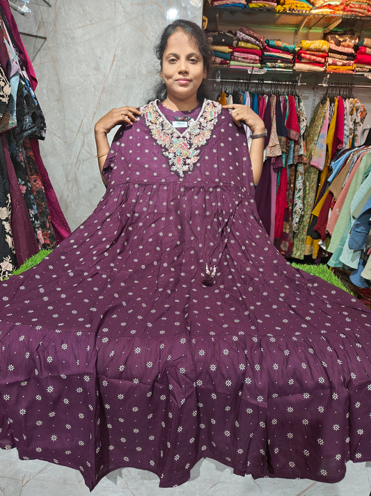 Anarkali Kurti – V Neck with Heavy Handwork – Rayon Cotton Fabric – Plus Size 3XL to 6XL – PSUK1