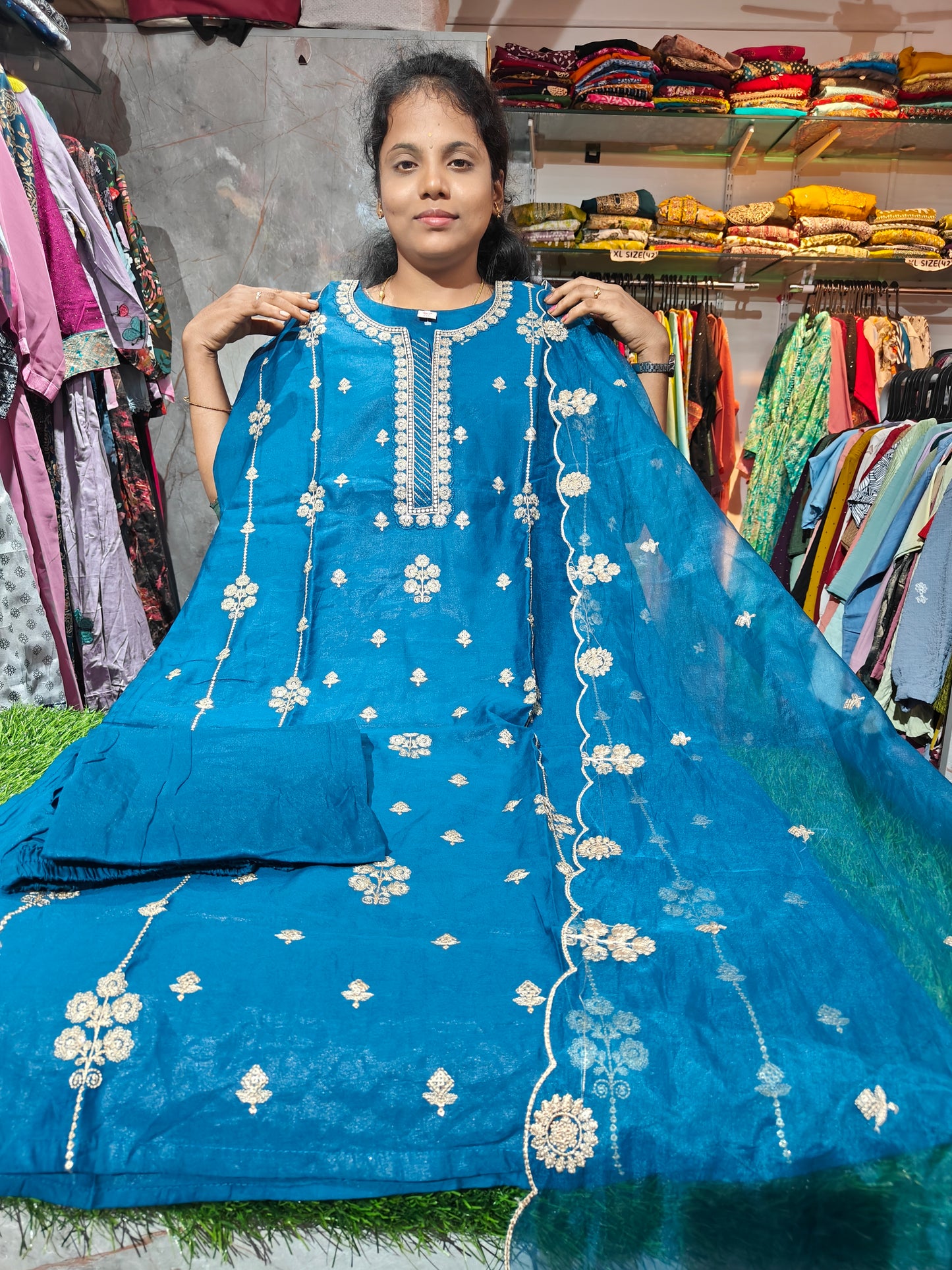 Fancy Silk Party Wear Salwar Set with Beautiful Netted Shawl – Plus Size – PSFS13 – ₹1099