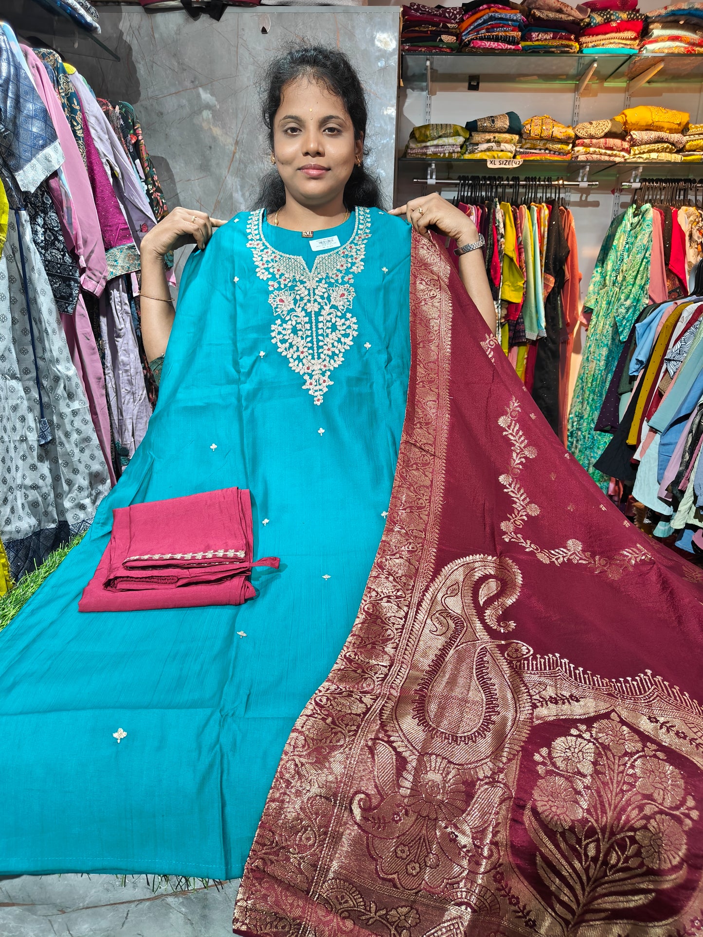 Grand Party Wear Vatican Silk Salwar Set – Plus Size – Beautiful Border Shawl – PSFS11 – ₹1149