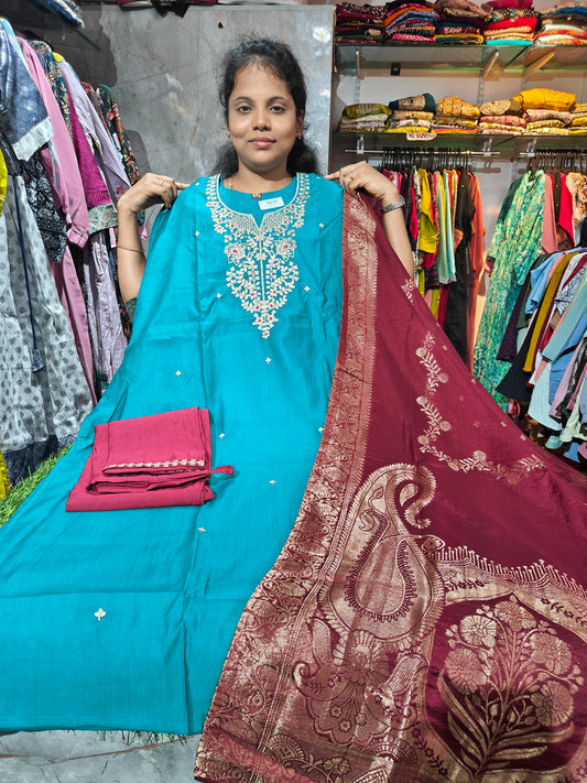 Grand Party Wear Vatican Silk Salwar Set – Plus Size – Beautiful Border Shawl – PSFS11 – ₹1149