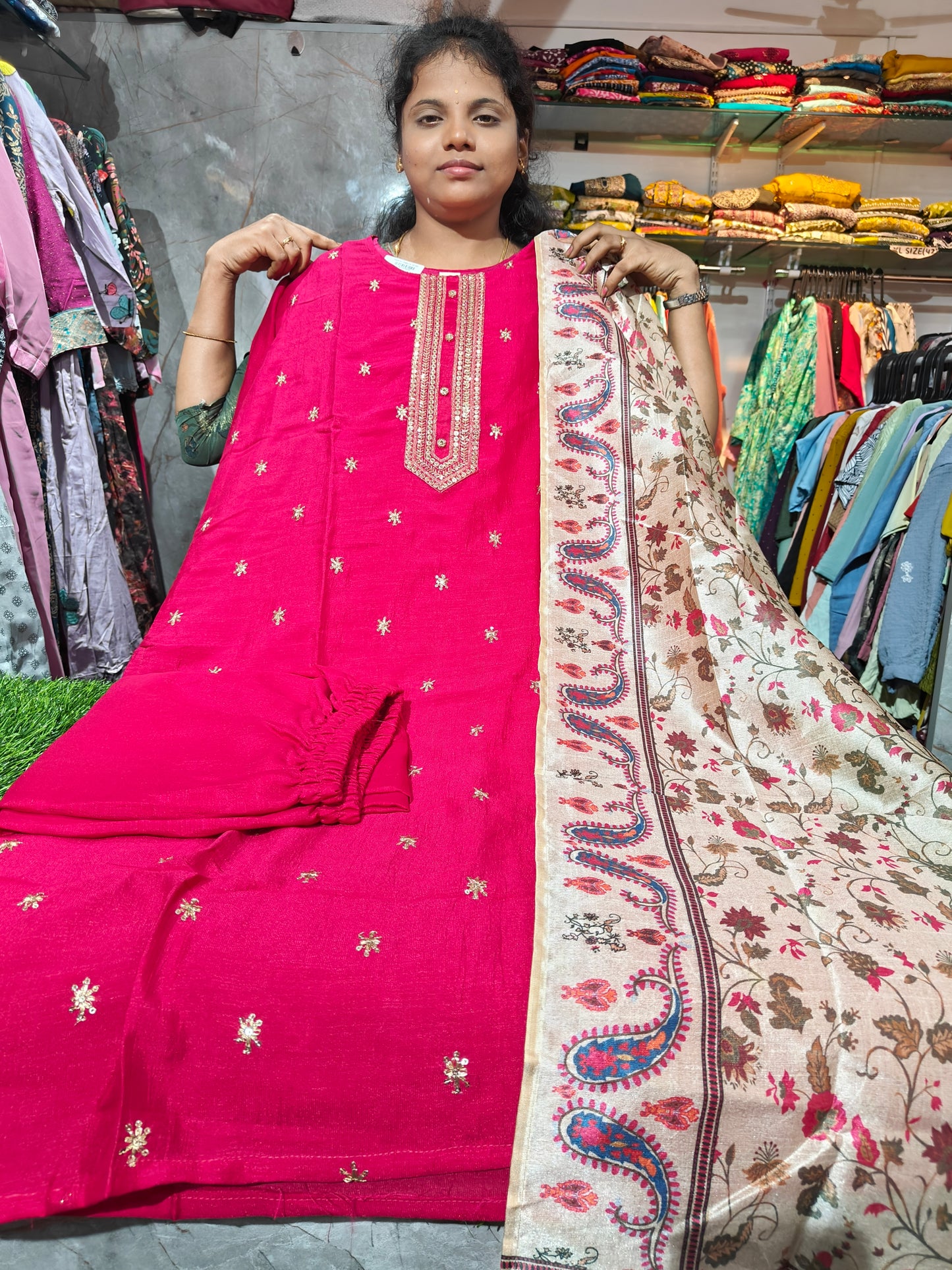 Fancy Silk Salwar Set with Lining – Plus Size 4XL to 6XL – Digital Print Shawl & Bottom – PSFS7 – ₹749