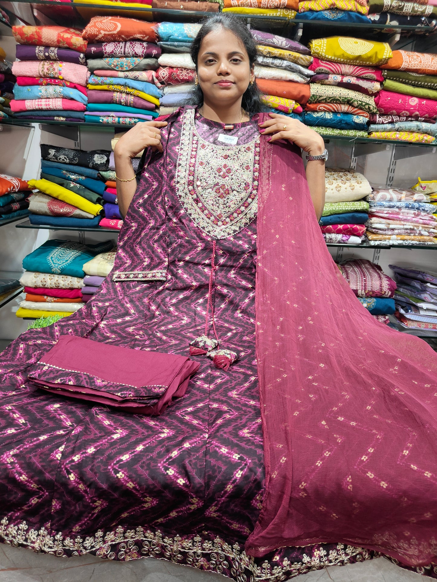 Rayon Cotton Anarkali Kurti with Pant & Chiffon Shawl (Mirror Work Neck) 3XL to 6XL – Plus Size Party Wear at ₹999 | PSCS65