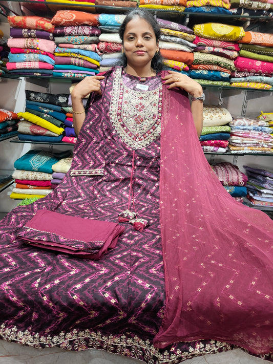 Rayon Cotton Anarkali Kurti with Pant & Chiffon Shawl (Mirror Work Neck) 3XL to 6XL – Plus Size Party Wear at ₹999 | PSCS65