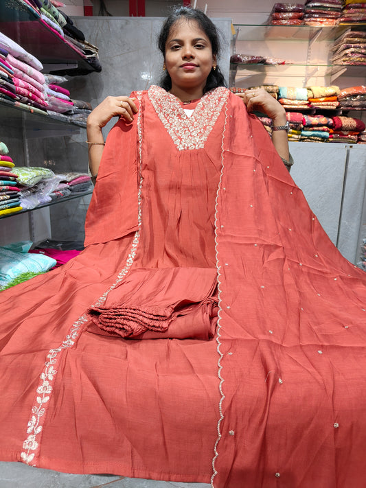 Plus Size Premium Mal Chanderi Silk Salwar Set with Lining, Neck Work & Grand Shawl (XXL–6XL) – PSFS56 | ₹1799