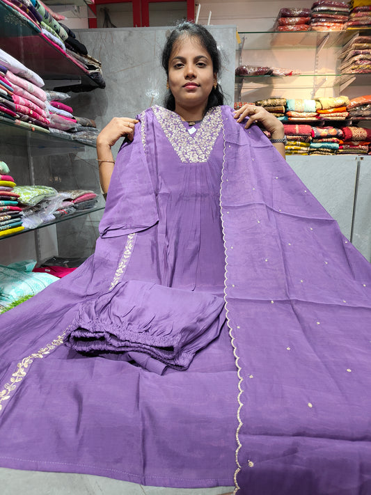 Plus Size Premium Mal Chanderi Silk Salwar Set with Lining, Neck Work & Grand Shawl (XXL–6XL) – PSFS56 | ₹1799