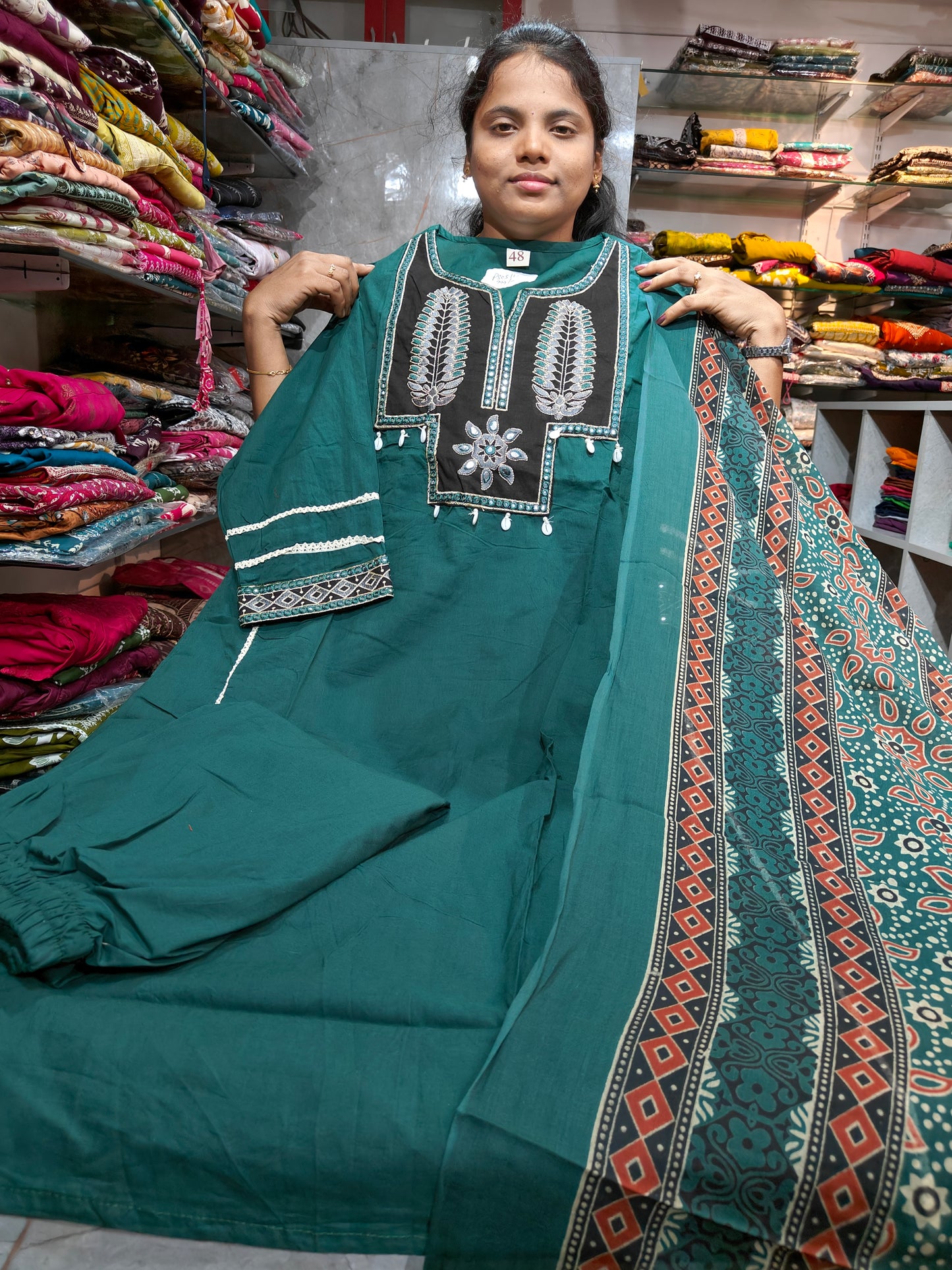 Trending Cotton Anarkali Salwar Set with Pant & Shawl | 4XL–6XL | PSCS111