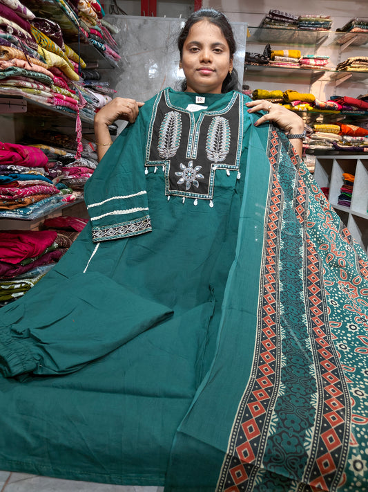 Trending Cotton Anarkali Salwar Set with Pant & Shawl | 4XL–6XL | PSCS111