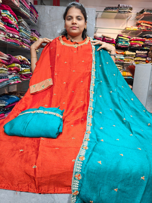 Grand Silk Boat Neck Straight Cut Partywear Salwar Set with Back Pot Neck Design for Women | Plus Size 3XL to 5XL | PSFS26