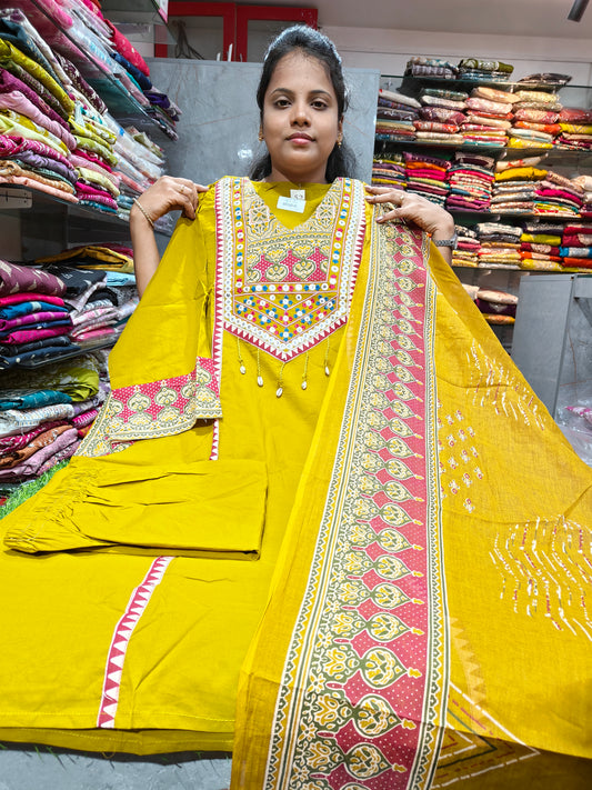 Cotton V-Neck Straight cut Salwar Set with Bottom & Shawl | 4XL–7XL | PSCS61 | Just ₹899