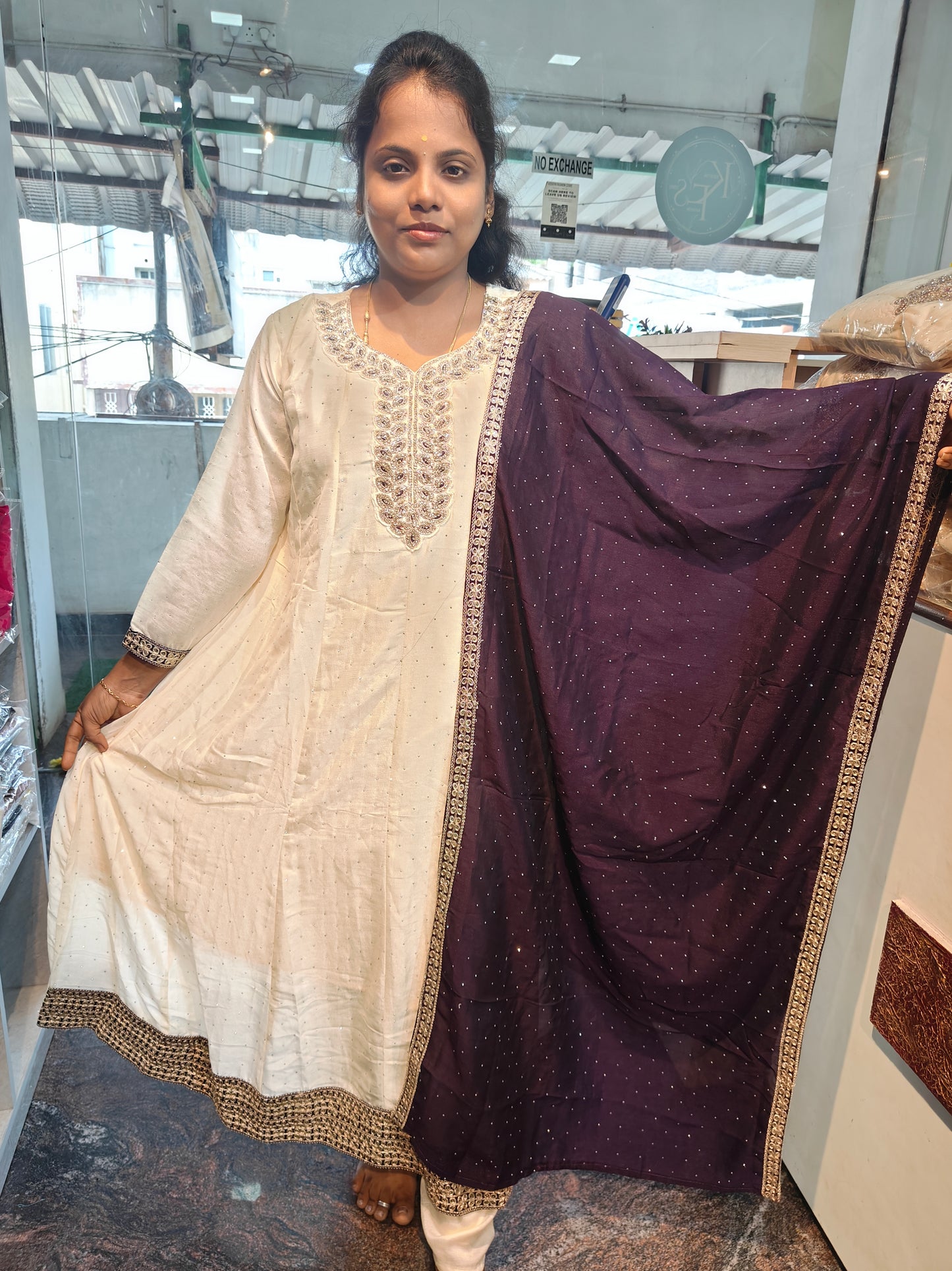 White Elegance Vichitra Silk Anarkali Kurti Set with Contrast Shawl | Grand Stone Work Yoke | Full Lining | M to 4XL