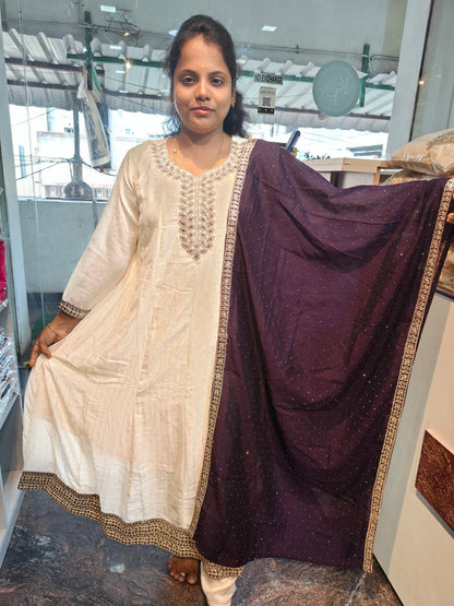 White Elegance Vichitra Silk Anarkali Kurti Set with Contrast Shawl | Grand Stone Work Yoke | Full Lining | M to 4XL