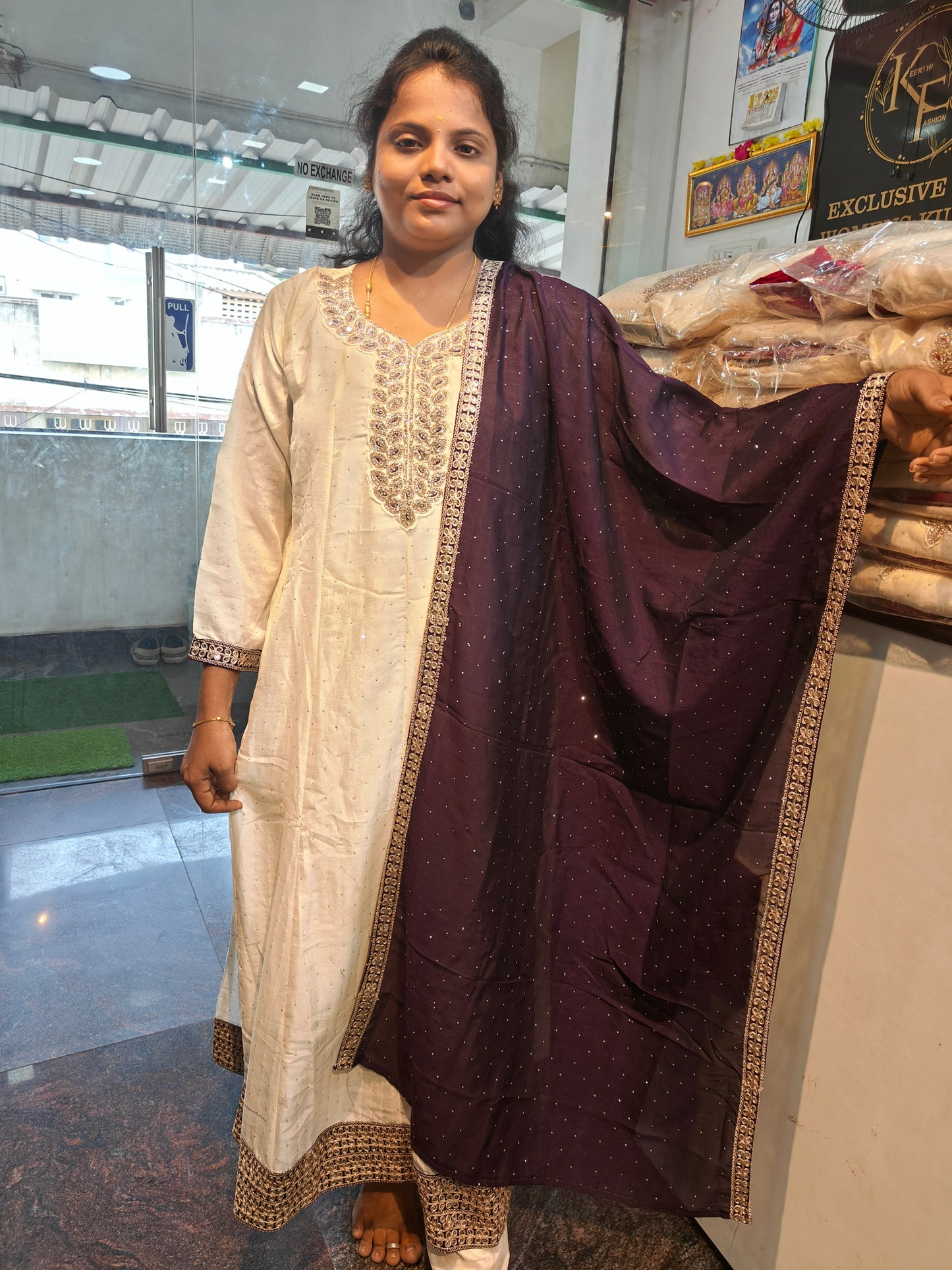 White Elegance Vichitra Silk Anarkali Kurti Set with Contrast Shawl | Grand Stone Work Yoke | Full Lining | M to 4XL