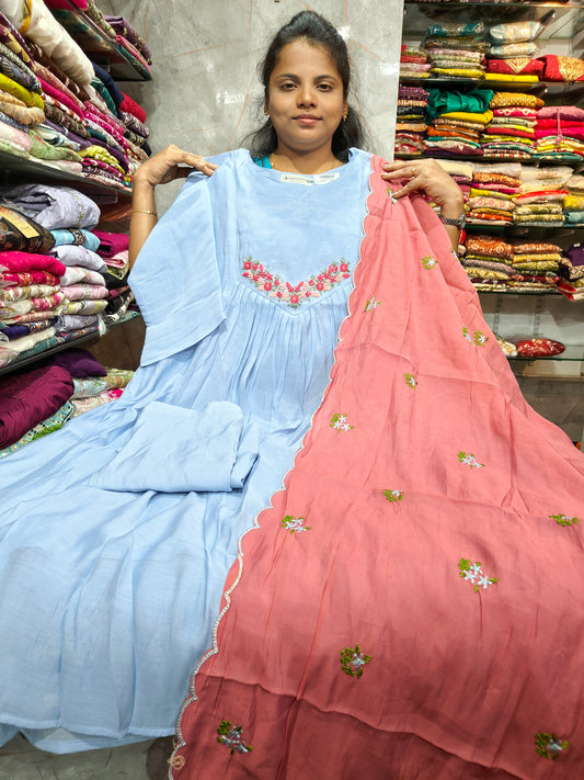 Mal Cotton & Dhaneri Silk Full Anarkali Set with Pant & Shawl | Beautiful Floral Embroidery | PSFS136