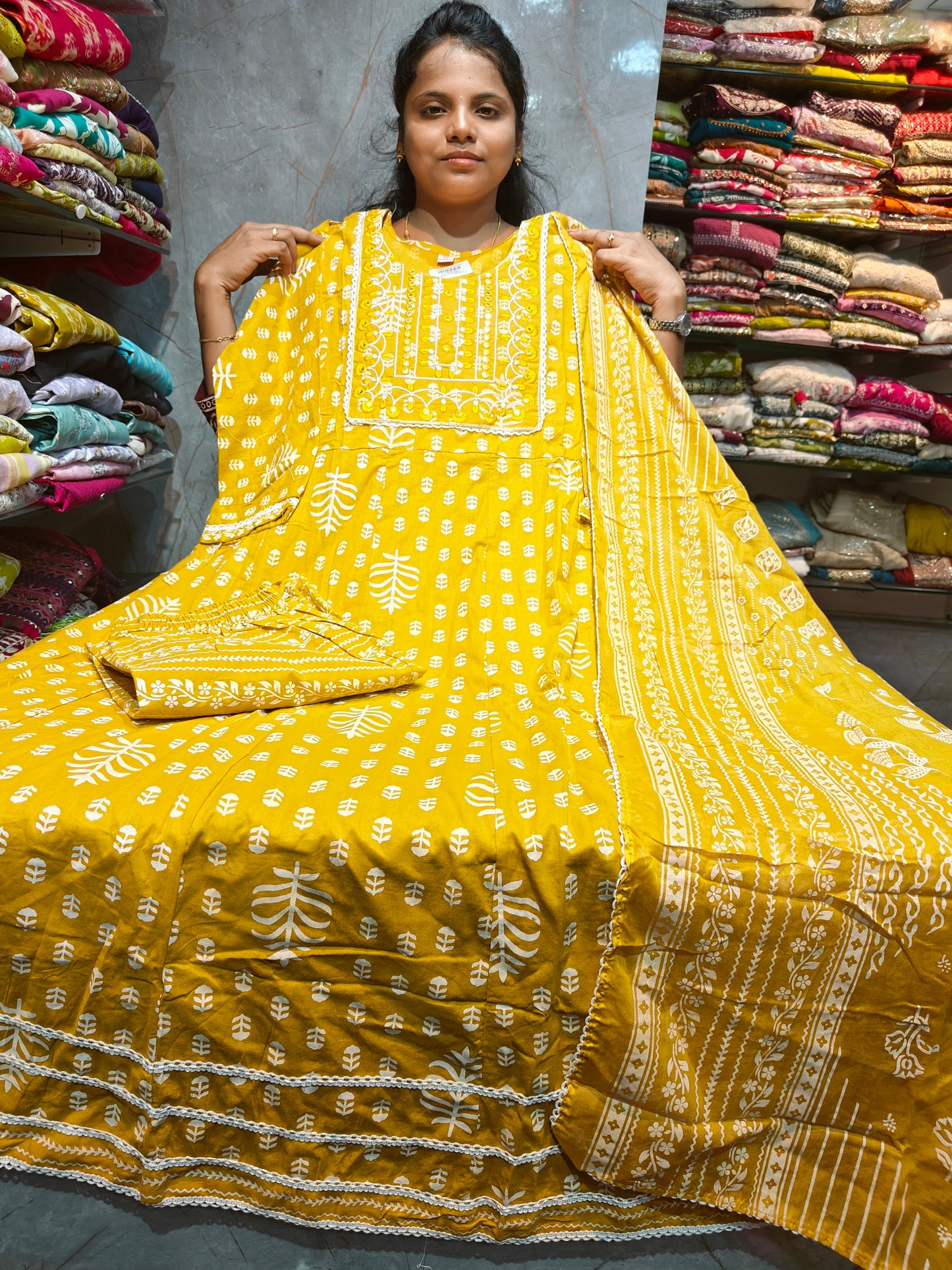 Plus Size Cotton Anarkali Full Set with Pant & Shawl | PSCS148 | Just ₹699