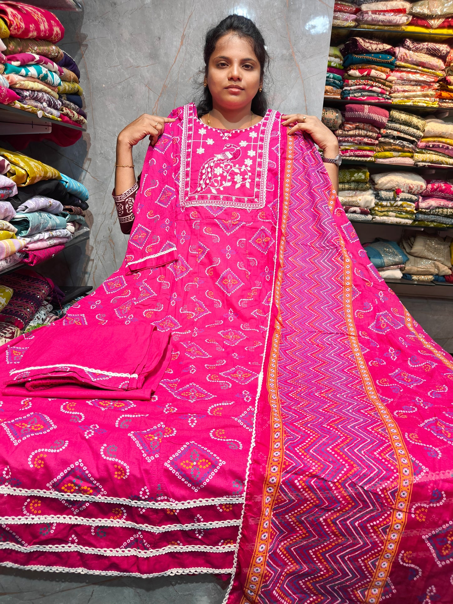 Plus Size Cotton Anarkali Full Set with Pant & Shawl | PSCS148 | Just ₹699