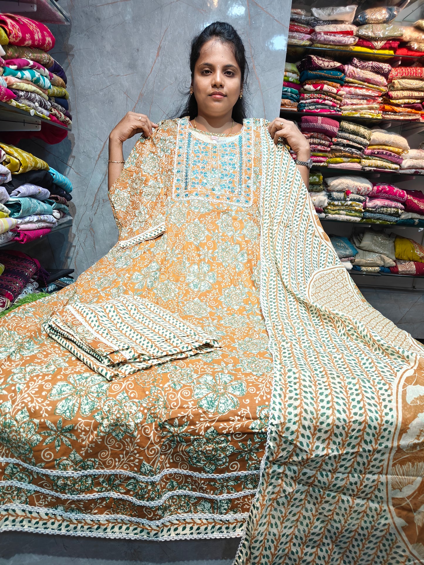 Plus Size Cotton Anarkali Full Set with Pant & Shawl | PSCS148 | Just ₹699