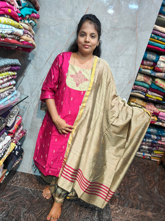 Raw Silk Salwar Set with Kolam Embroidery | M to XXL | Keerthi Fashion Store