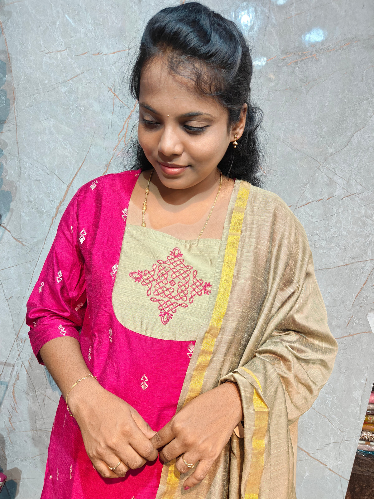 Raw Silk Salwar Set with Kolam Embroidery | M to XXL | Keerthi Fashion Store