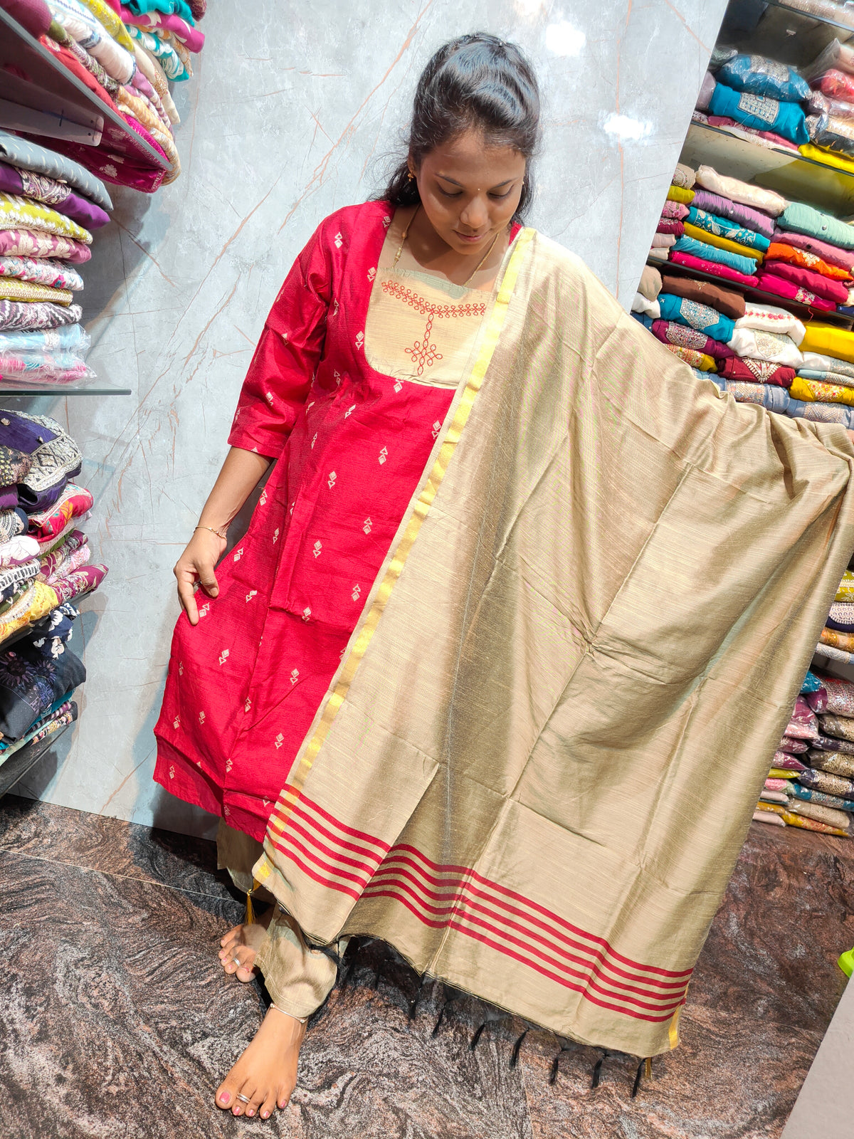 Raw Silk Salwar Set with Kolam Embroidery | M to XXL | Keerthi Fashion Store