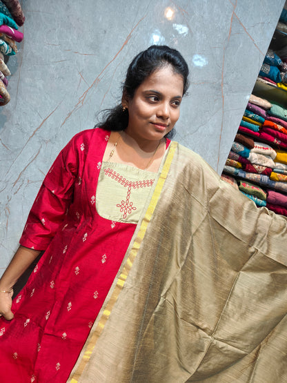 Raw Silk Salwar Set with Kolam Embroidery | M to XXL | Keerthi Fashion Store