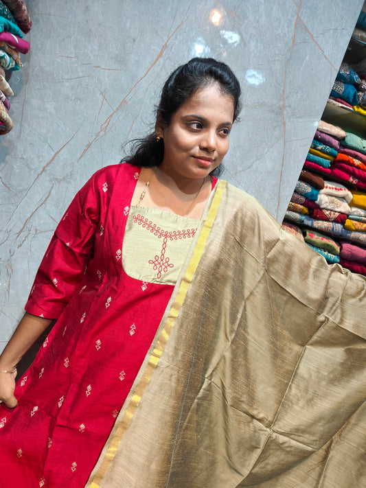 Raw Silk Salwar Set with Kolam Embroidery | M to XXL | Keerthi Fashion Store