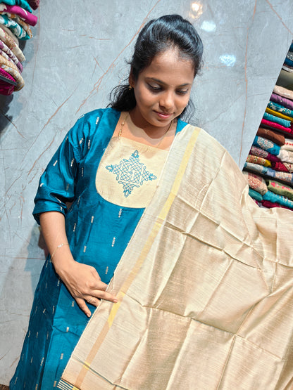 Raw Silk Salwar Set with Kolam Embroidery | M to XXL | Keerthi Fashion Store