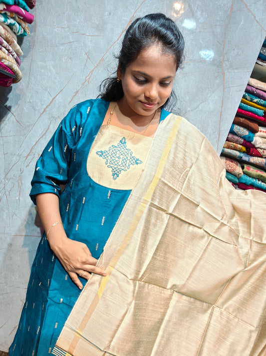 Raw Silk Salwar Set with Kolam Embroidery | M to XXL | Keerthi Fashion Store