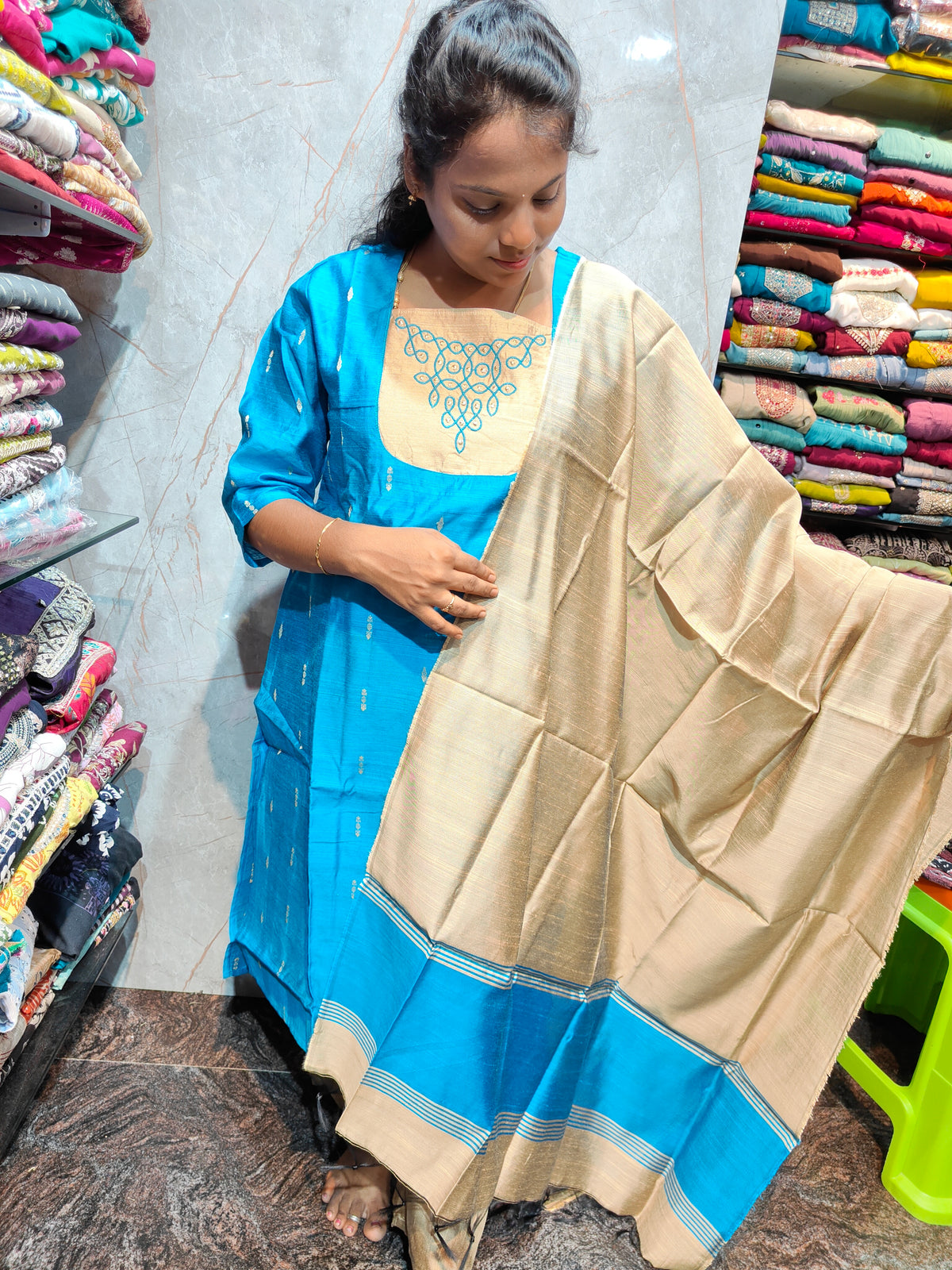 Raw Silk Salwar Set with Kolam Embroidery | M to XXL | Keerthi Fashion Store