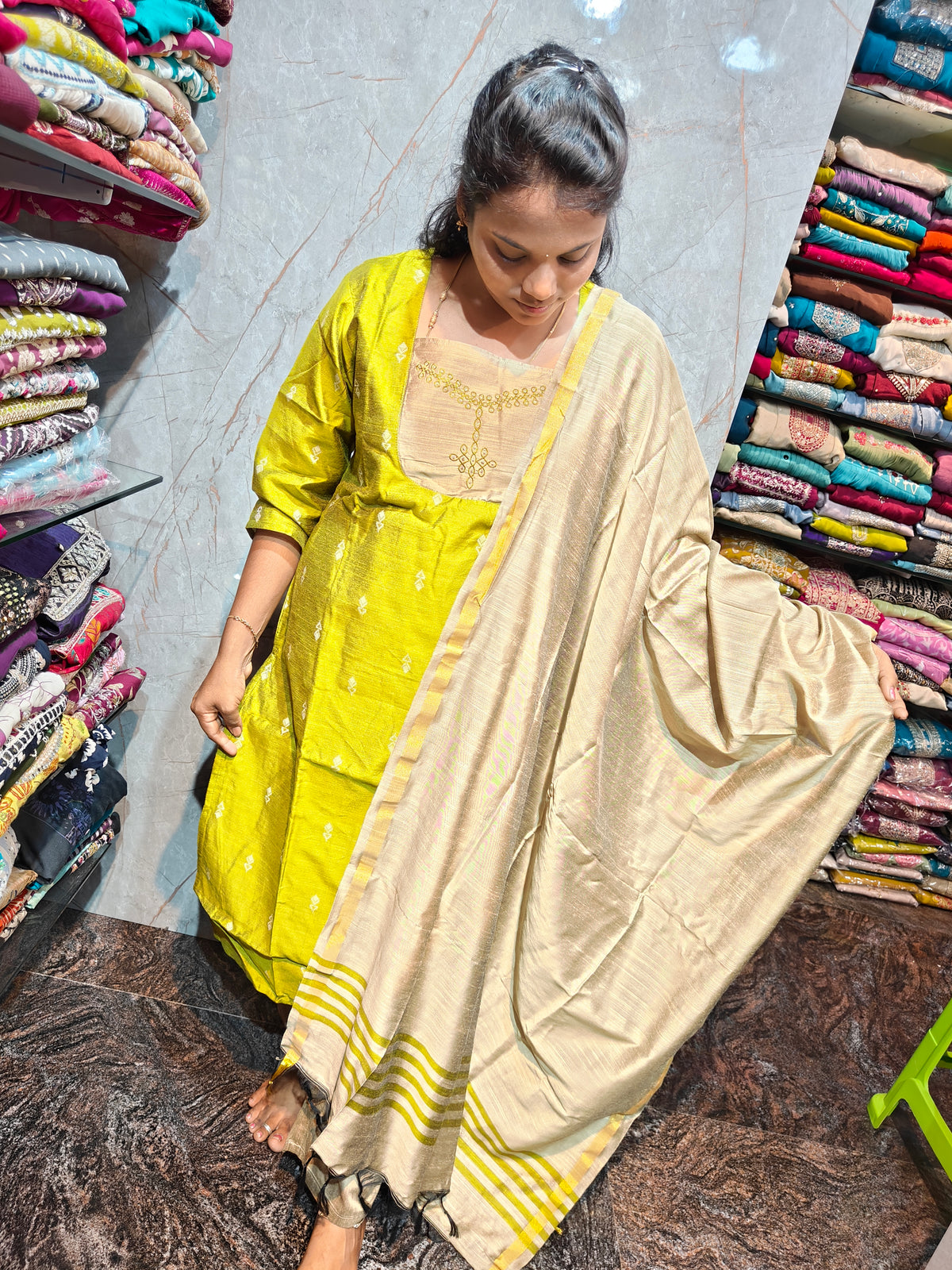 Raw Silk Salwar Set with Kolam Embroidery | M to XXL | Keerthi Fashion Store