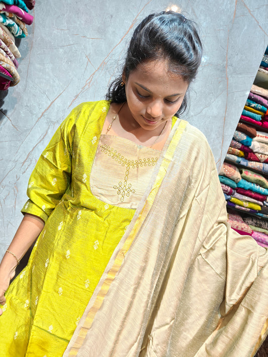 Raw Silk Salwar Set with Kolam Embroidery | M to XXL | Keerthi Fashion Store
